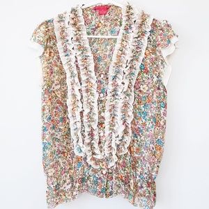 Sunny Leigh Floral Sheer Ruffled Top